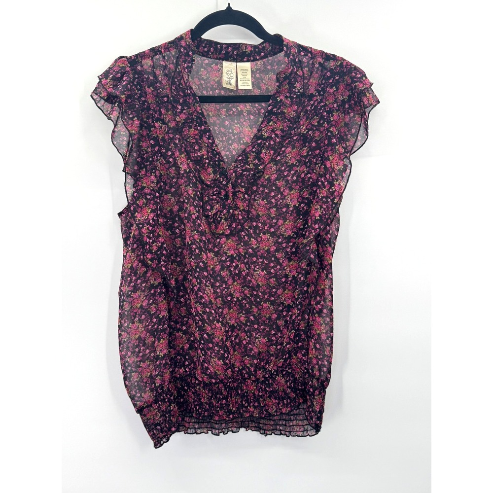 VTG Y2K Whimsigoth L8ter Sheer Dark Floral Cinched Waist Short Sleeve Top Large